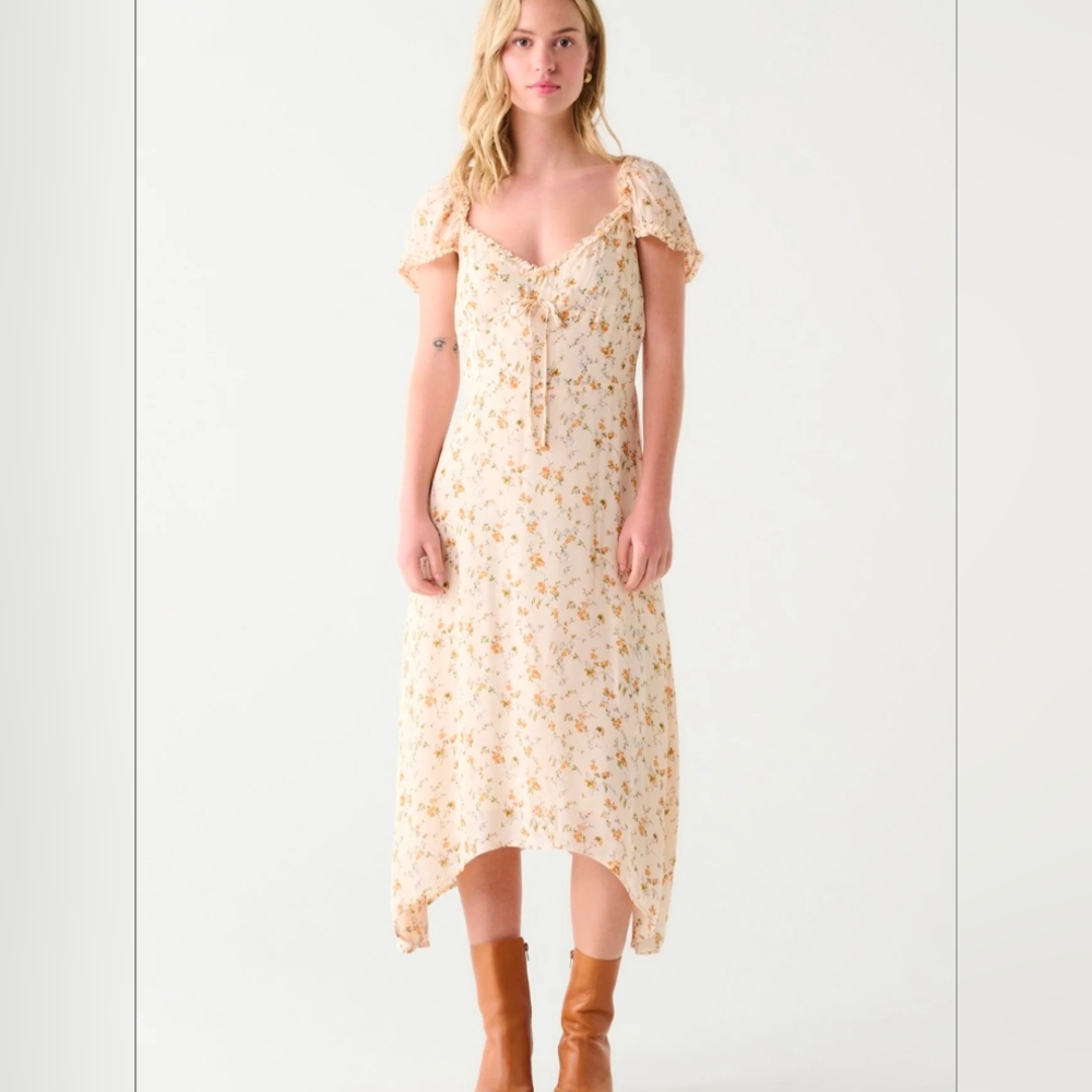 Dex Dress Size XL Cream Midi Sweetheart Floral Long Stretch Lined Puff Sleeves